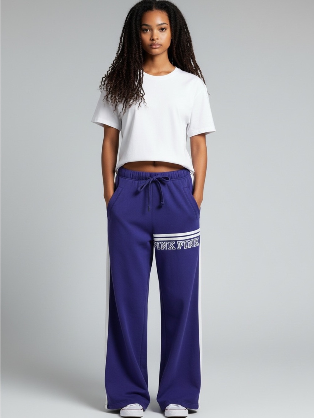 PINK Victoria's Secret Purple Wide-Leg Sweat Pants with White Stripes